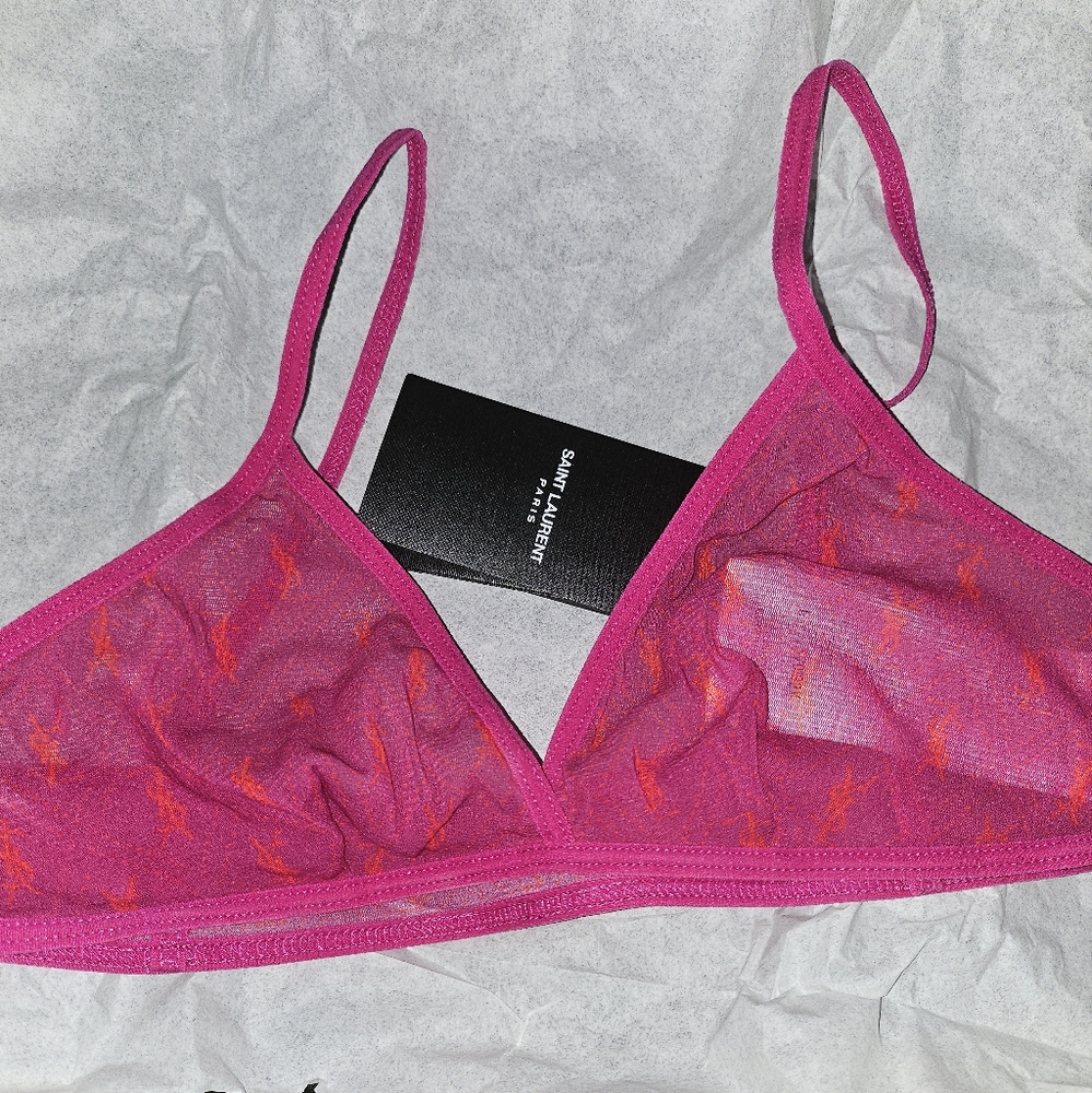 Saint Laurent YSL Monogram Sheer Bra, Pink Tulle Jersey, Large